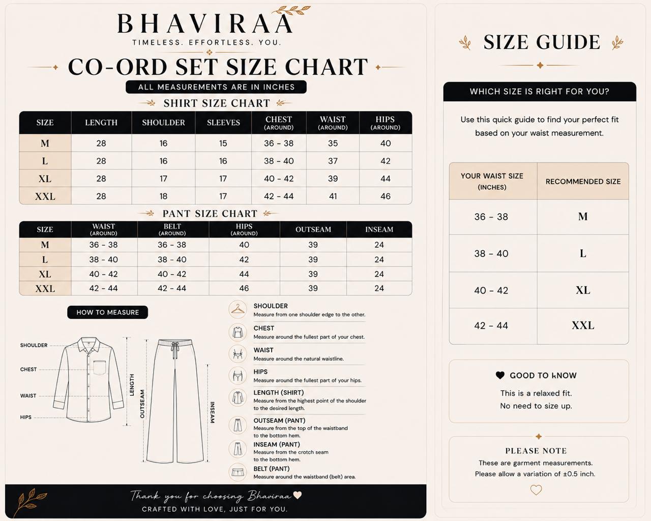 Co-ord Set Size Chart