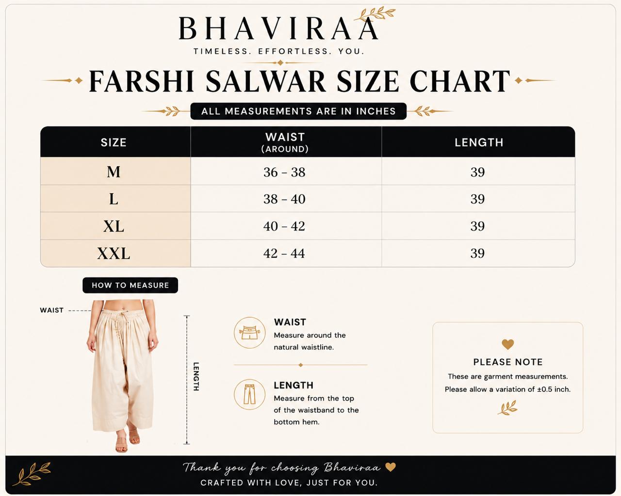 Farshi Salwar Size Chart