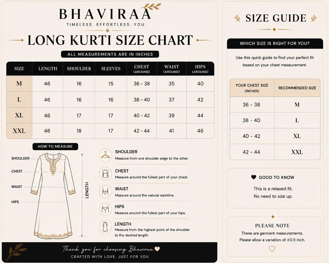 Long Kurti Size Chart